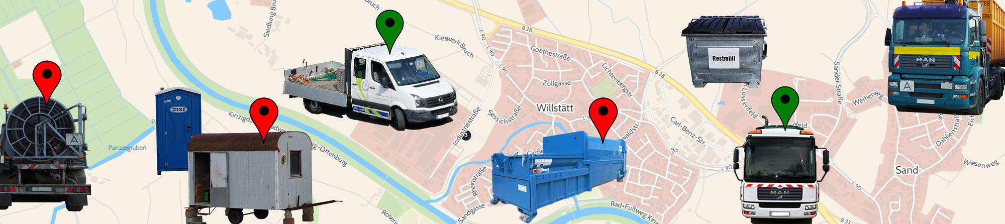 Fahrzeuge, Behälter und Maschinen in der Karte des Webportals