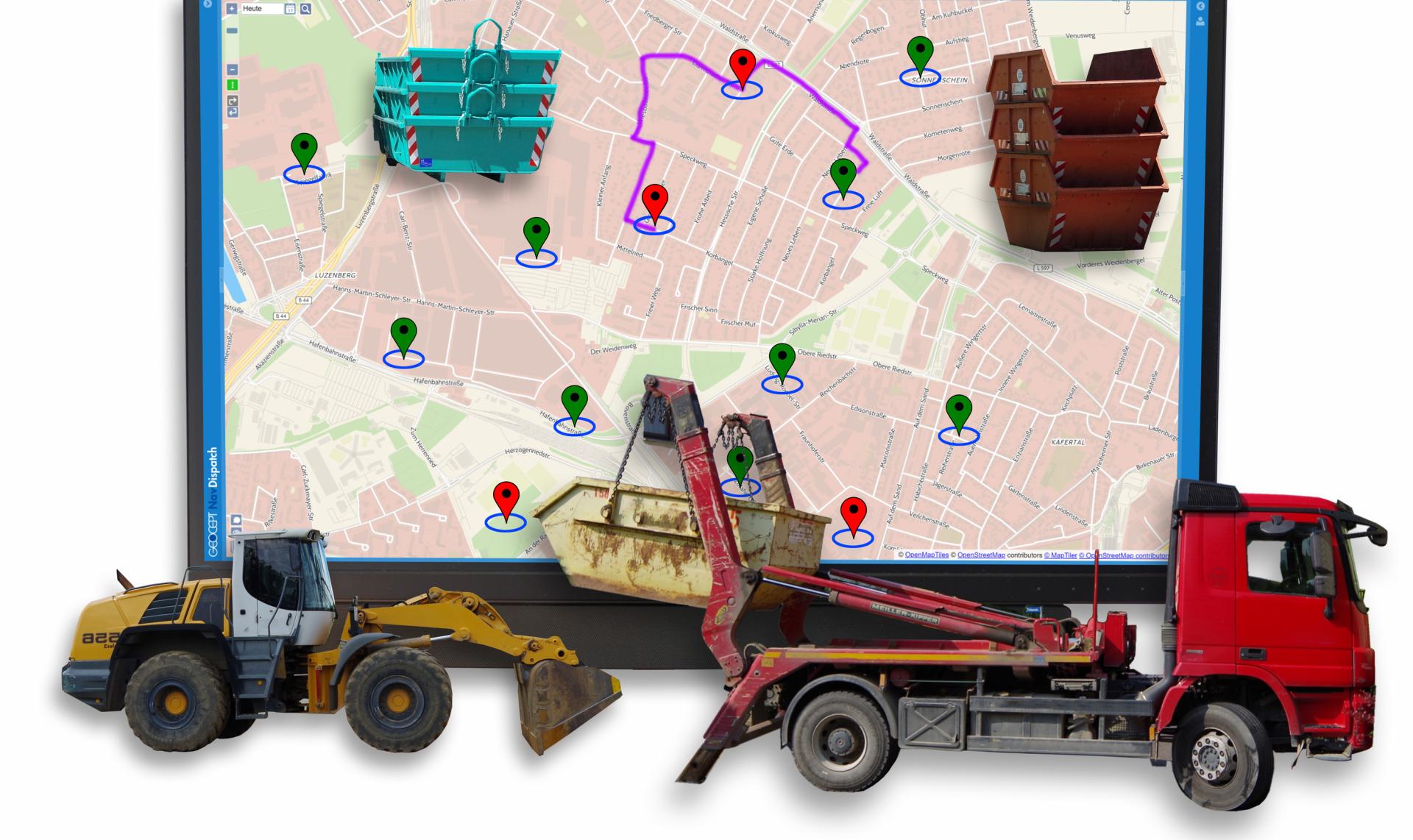 GPS-Ortung von Fahrzeugen, Behältern und Maschinen in der Karte